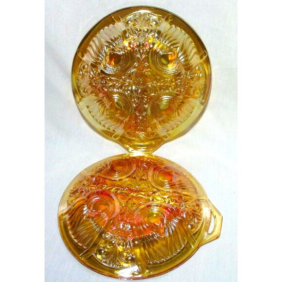 Two Carnival Glass Divided and Footed Relish Trays Handles Opalescent Marigold - Picture 5 of 5
